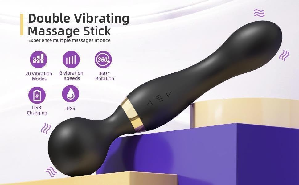 Body Massager For Pain Relief,Personal Body Massager For Women, Ergonomic Electric Handheld Dual Head Massager for Back, Travel-Friendly Massager, Rechargeable Wireless Vibration Mini Massager Black.