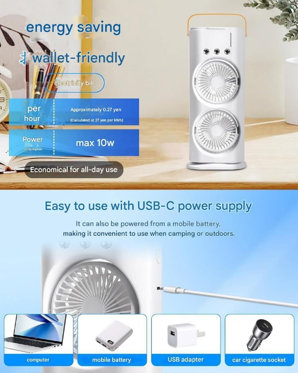 Double End Mini Air Cooler Fan | Air Mist Spray Cooler Fan | Portable Air Conditioner Fan | Mini Evaporate Air Cooler with 7 Colors LED Light | 3 Wind Speeds and 3 Spray Modes Cooler Fan