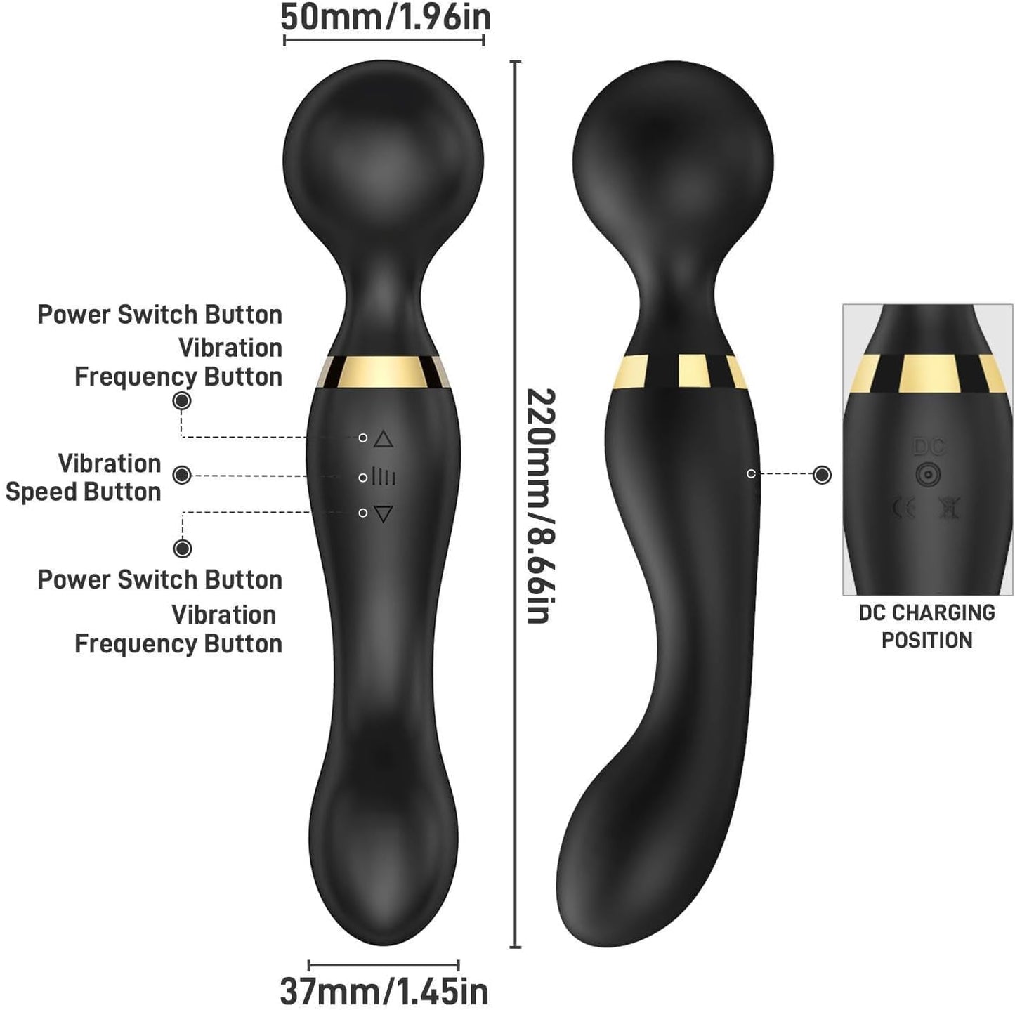 Body Massager For Pain Relief,Personal Body Massager For Women, Ergonomic Electric Handheld Dual Head Massager for Back, Travel-Friendly Massager, Rechargeable Wireless Vibration Mini Massager Black.