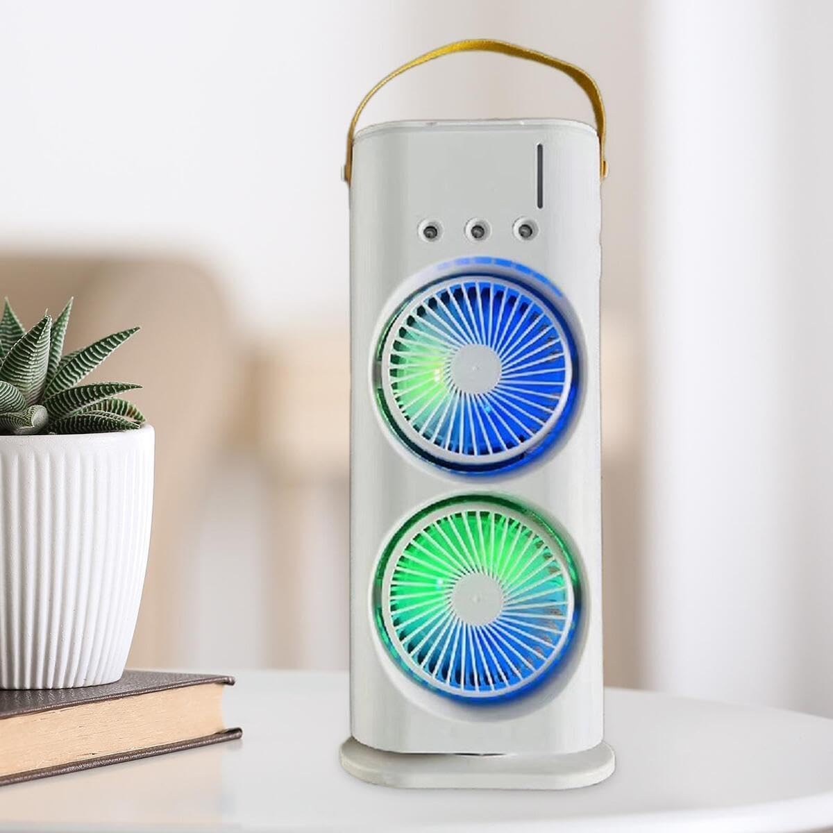 Double End Mini Air Cooler Fan | Air Mist Spray Cooler Fan | Portable Air Conditioner Fan | Mini Evaporate Air Cooler with 7 Colors LED Light | 3 Wind Speeds and 3 Spray Modes Cooler Fan