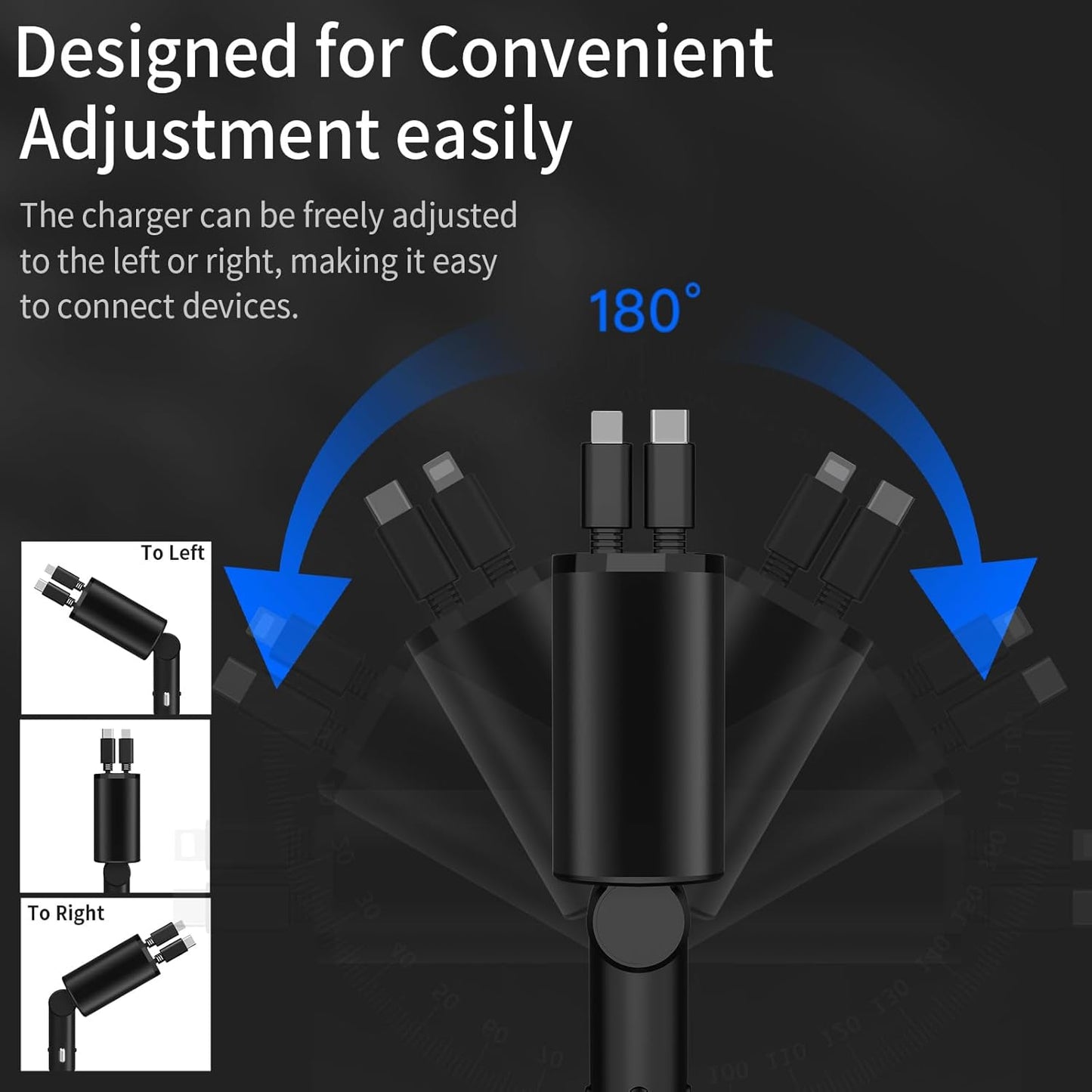 Retractable Car Charger, 4 in 1 Fast Charging Car Charger 100W, Retractable Cable and 2 USB Ports Car Charger Adapter Compatible with iPhone 15 14 13 12 11 Pro Max, Galaxy S23, Pixel Car Charger