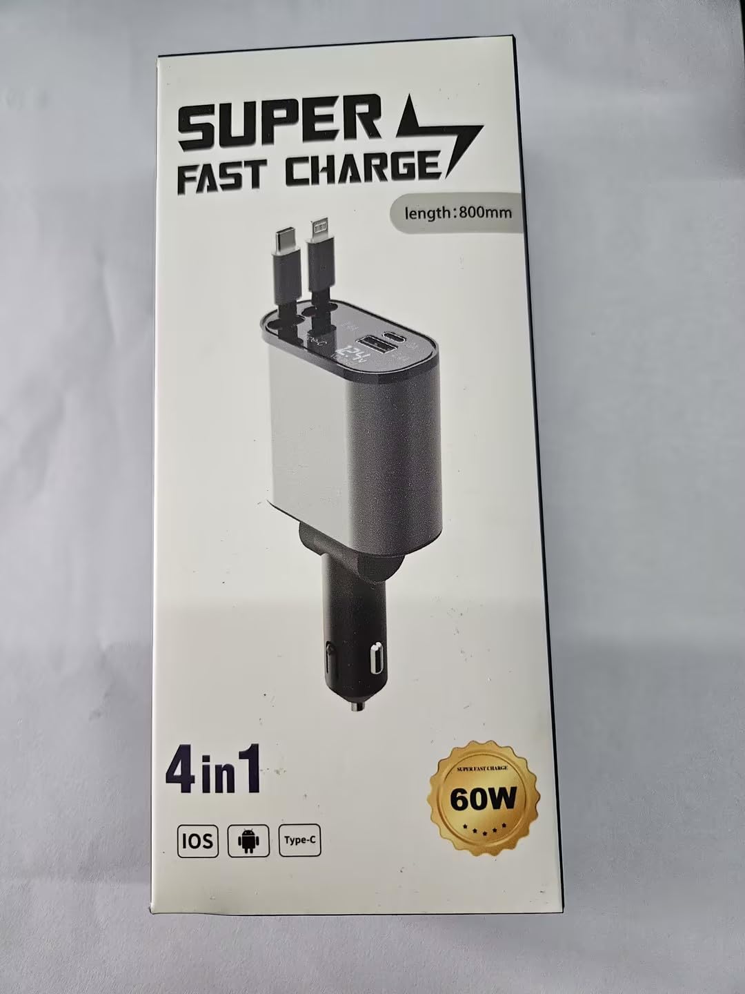 Retractable Car Charger, 4 in 1 Fast Charging Car Charger 100W, Retractable Cable and 2 USB Ports Car Charger Adapter Compatible with iPhone 15 14 13 12 11 Pro Max, Galaxy S23, Pixel Car Charger
