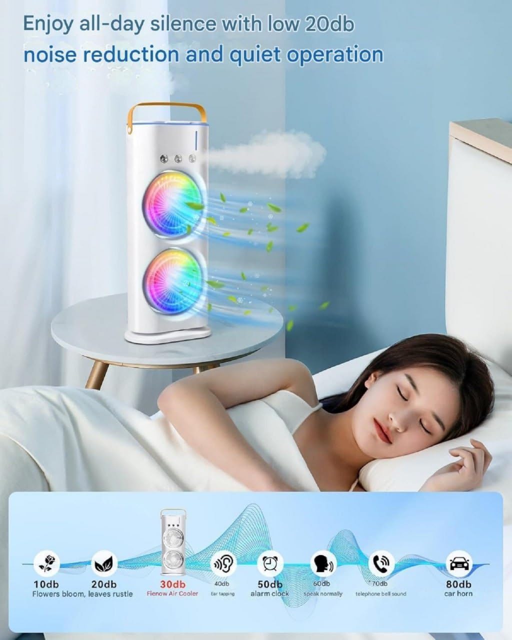 Double End Mini Air Cooler Fan | Air Mist Spray Cooler Fan | Portable Air Conditioner Fan | Mini Evaporate Air Cooler with 7 Colors LED Light | 3 Wind Speeds and 3 Spray Modes Cooler Fan