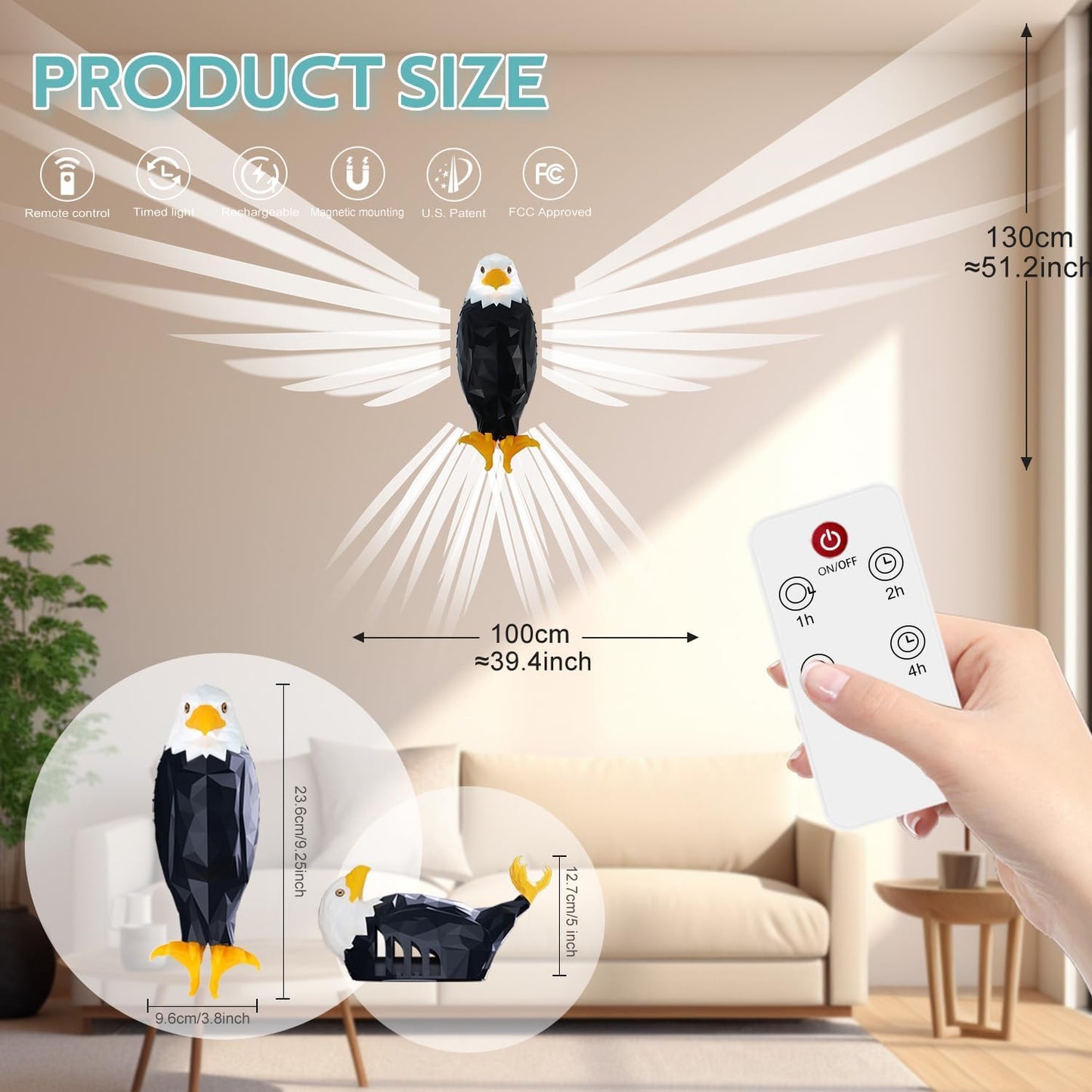 Eagle Wall Light, 3D Spread Wings Owl Wall Light, LED Resin Creative Animal Statue, Magnetic Wall Eagle Lamp, Cool Home Decoration Lamp for Bedroom Living Room Hallway