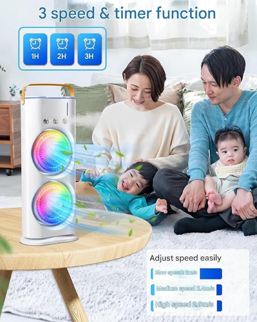 Double End Mini Air Cooler Fan | Air Mist Spray Cooler Fan | Portable Air Conditioner Fan | Mini Evaporate Air Cooler with 7 Colors LED Light | 3 Wind Speeds and 3 Spray Modes Cooler Fan
