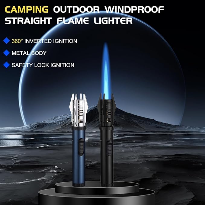 Jet Flame Lighter,Bright Fire Lighter with Safety Lock and Adjustable Flame, Refillable Butane Gas Windproof Jet Flame Cool Lighters for Candles Campfires BBQ Baking, Camping, Gift.