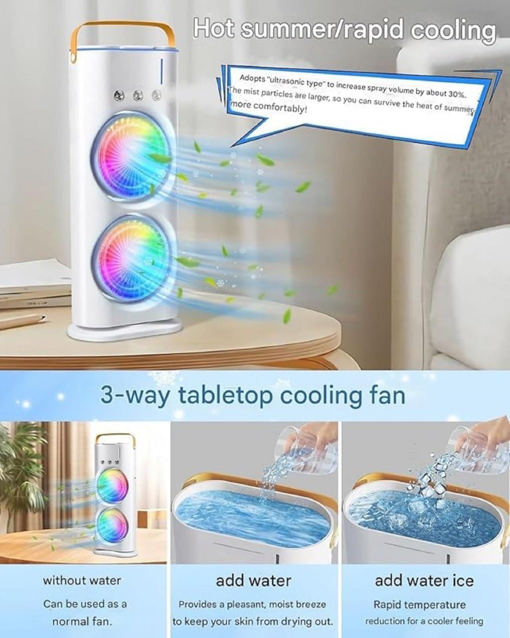 Double End Mini Air Cooler Fan | Air Mist Spray Cooler Fan | Portable Air Conditioner Fan | Mini Evaporate Air Cooler with 7 Colors LED Light | 3 Wind Speeds and 3 Spray Modes Cooler Fan