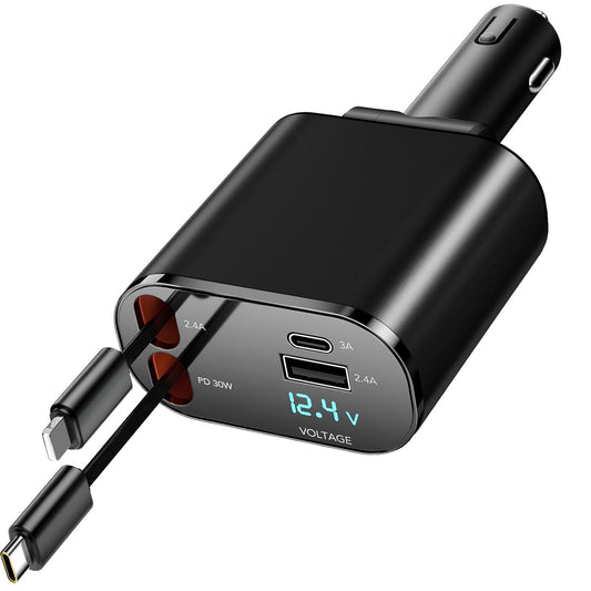 Retractable Car Charger, 4 in 1 Fast Charging Car Charger 100W, Retractable Cable and 2 USB Ports Car Charger Adapter Compatible with iPhone 15 14 13 12 11 Pro Max, Galaxy S23, Pixel Car Charger