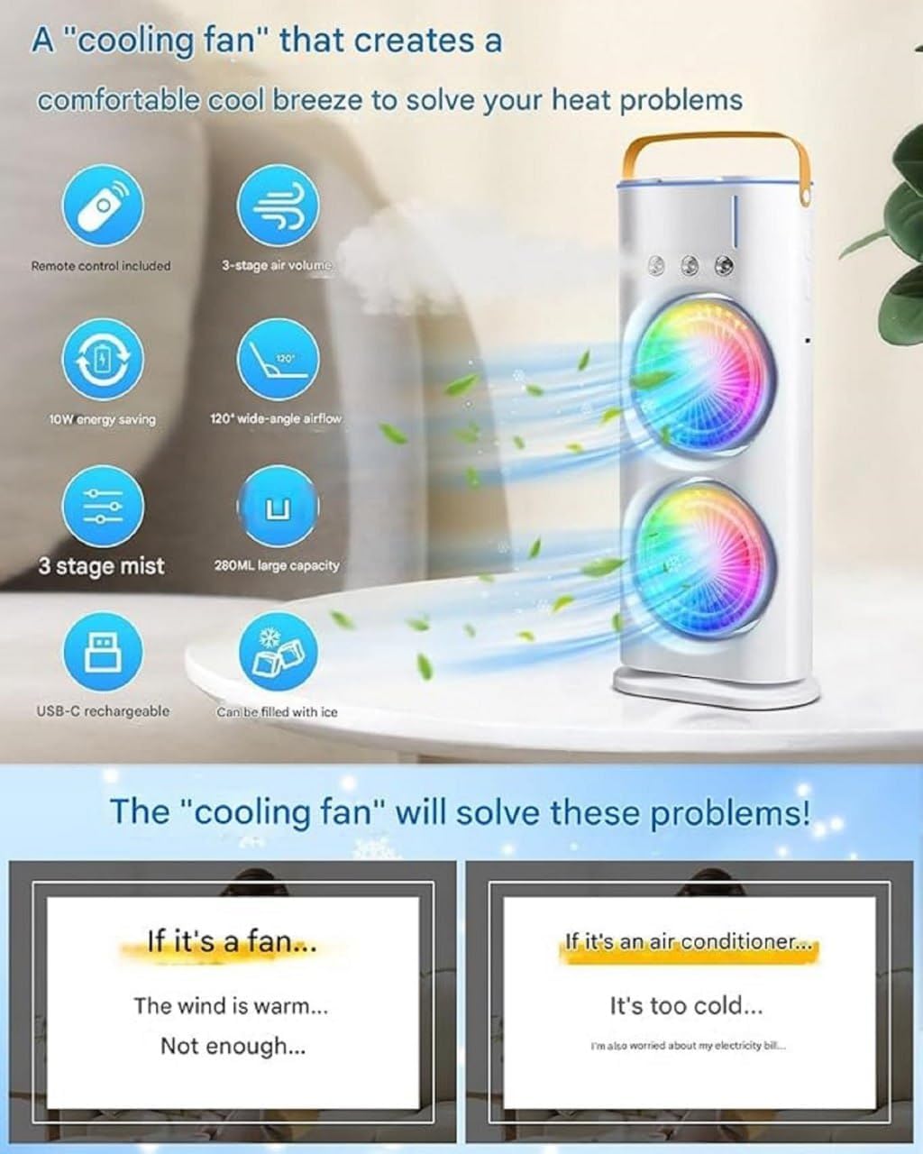 Double End Mini Air Cooler Fan | Air Mist Spray Cooler Fan | Portable Air Conditioner Fan | Mini Evaporate Air Cooler with 7 Colors LED Light | 3 Wind Speeds and 3 Spray Modes Cooler Fan