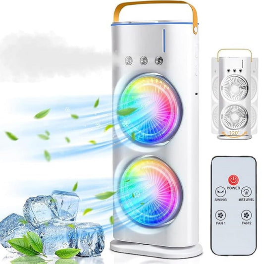 Double End Mini Air Cooler Fan | Air Mist Spray Cooler Fan | Portable Air Conditioner Fan | Mini Evaporate Air Cooler with 7 Colors LED Light | 3 Wind Speeds and 3 Spray Modes Cooler Fan