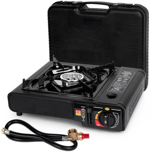 Dual Fuel Portable Gas Stove for Propane & Butane, Camping Stove with Single Burner, Propane Adapter Hose and Carrying Case Included, 7800BTUs