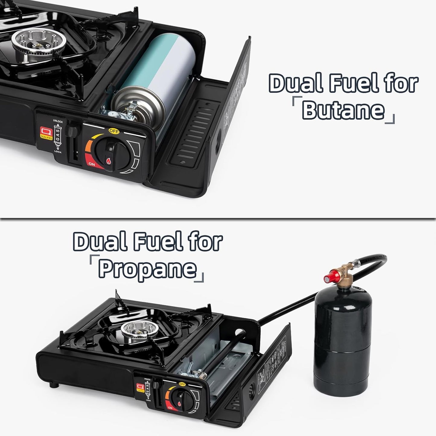 Dual Fuel Portable Gas Stove for Propane & Butane, Camping Stove with Single Burner, Propane Adapter Hose and Carrying Case Included, 7800BTUs